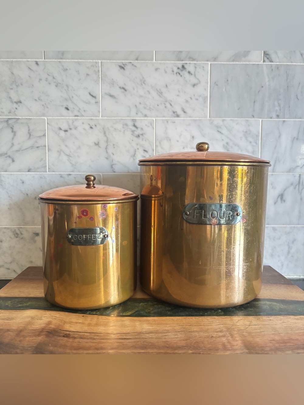 Vintage Pair of Nesting Copper Kitchen Canisters - Flour and Coffee
